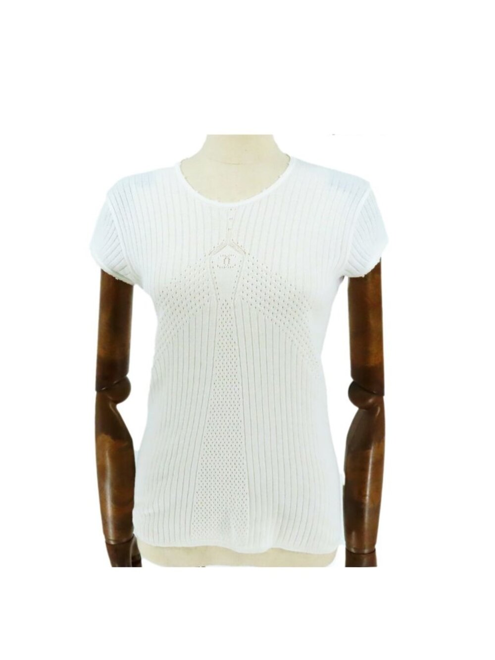 Chanel Ribknit White Cotton Short Sleeve Top 04P Top 38